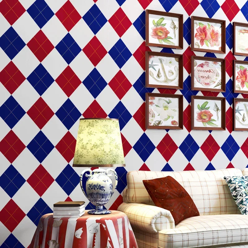 European American Style Wallpaper European Boys Boys Bedroom Children's Room Red Blue Diamond Geometric British Style Wallpaper