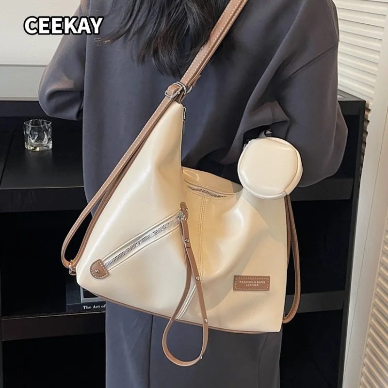 CEEKAY Women's Hobo Bag Cream White Glossy PU Leather Large Shoulder Handbag Front Zipper Round Pouch Daily Casual Minimalist