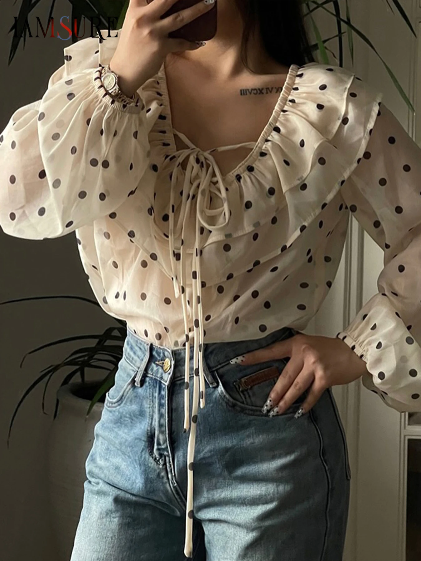 

IAMSURE Elegant Fashion Dot Printed Chiffon Shirts See Through Casual Bandage V-Neck Long Sleeve Blouse Women 2025 Autumn Spring