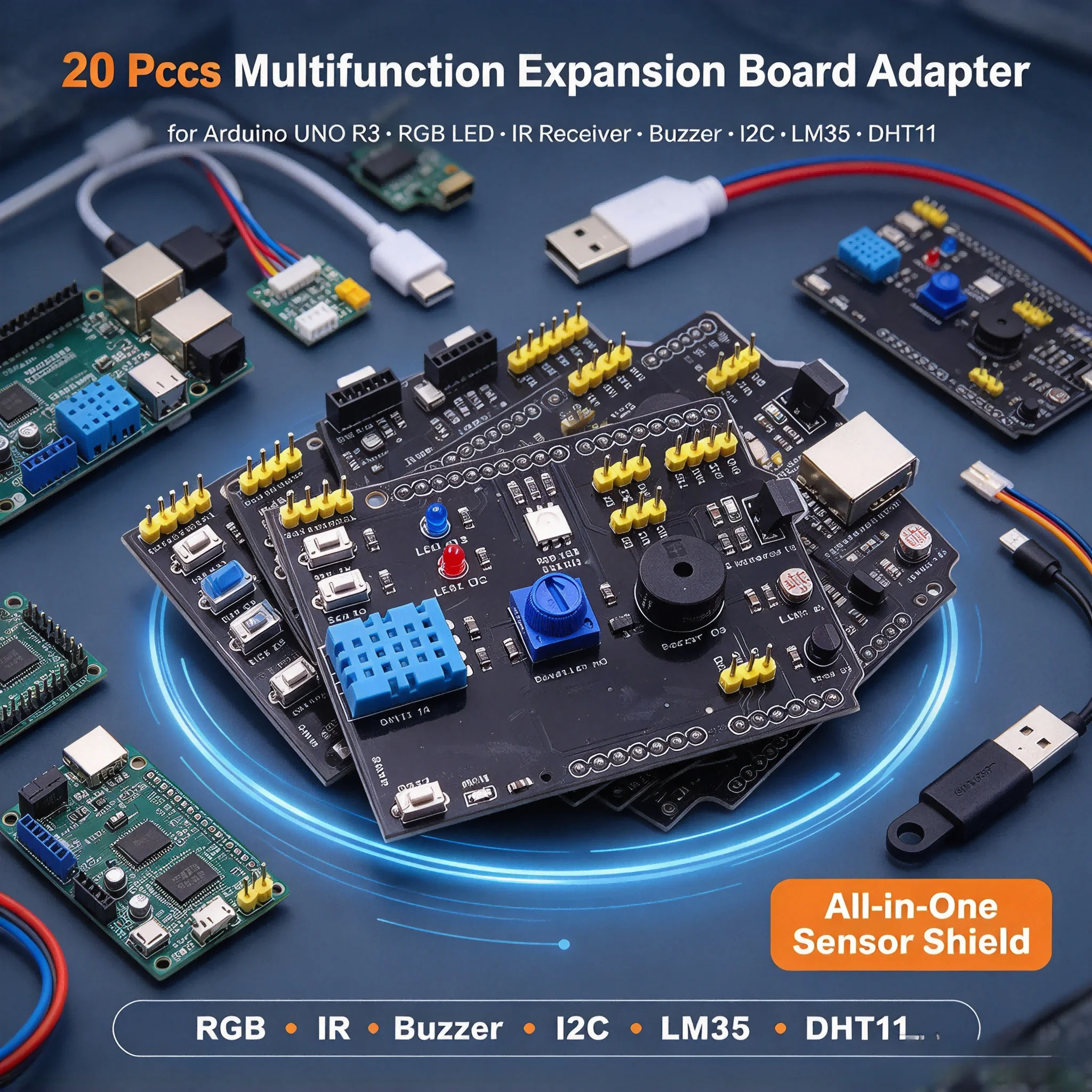 20Pcs Multifunction Expansion Board Adapter for Arduino UNO R3 RGB LED IR Receiver Buzzer I2C LM35 DHT11 Temp Humidity Sensor