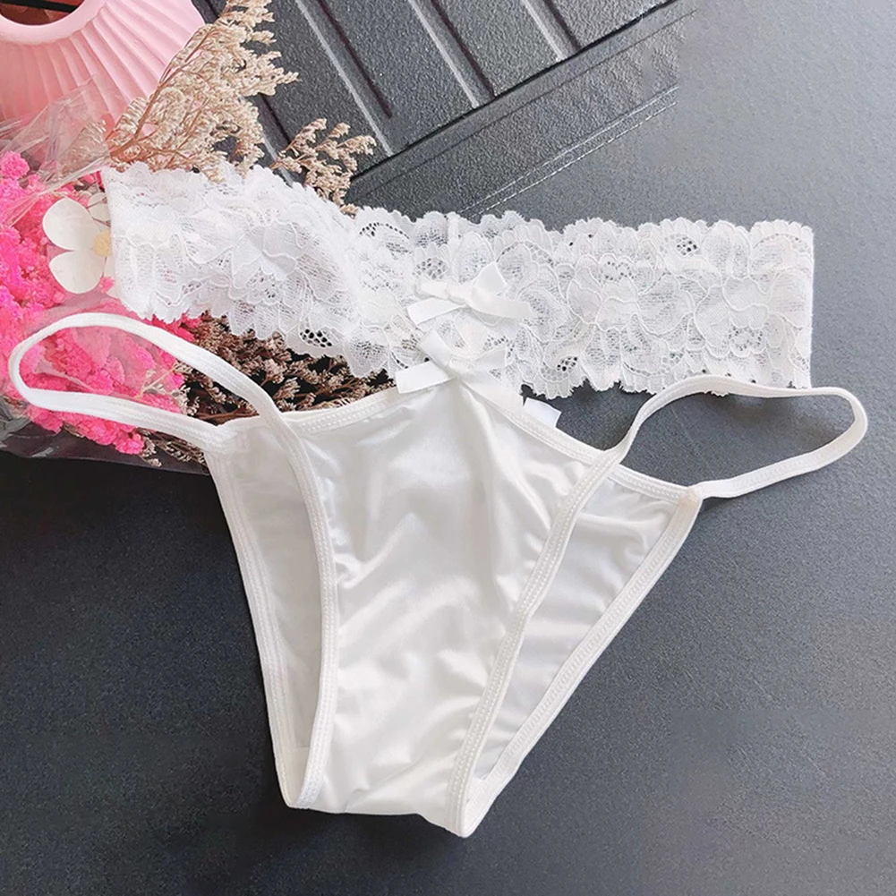 

Sexy Women Hollow Out Satin Lady Fancy Underwear Quick Dry Briefs Low Waist Lace Bow Sheer Knickers Japanese Princess Panties