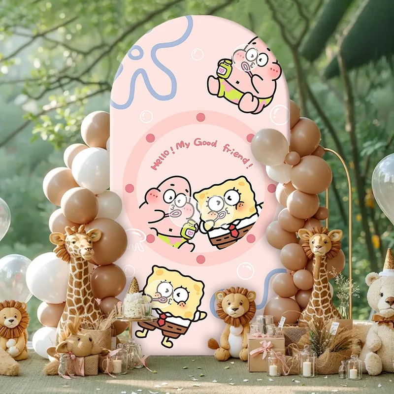 SpongeBob Pink Cartoon Arch Backdrop Cover Party Decoration Elastic Fabric Photo Shoot Event Background Celebration Decor