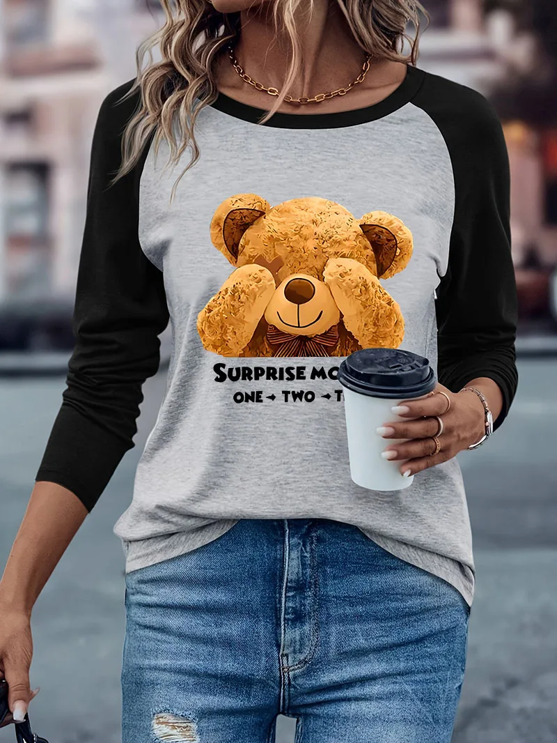 Hip-Hop-Bären-Print Lässiges Langarm-T-Shirt, Locker Geschnittenes Streetwear-Winter-Herbst-Grafik-Langarmshirt, Bequemes T-Shirt für Damen – Detail 3