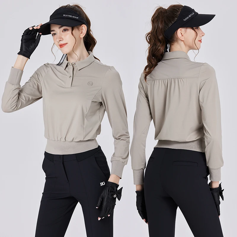 Blktee Golf Wear Women Slim Waist Long Sleeve Short T-Shirt Turn Down Collar Casual Tops Ladies Pullover Autumn Golf Apparel