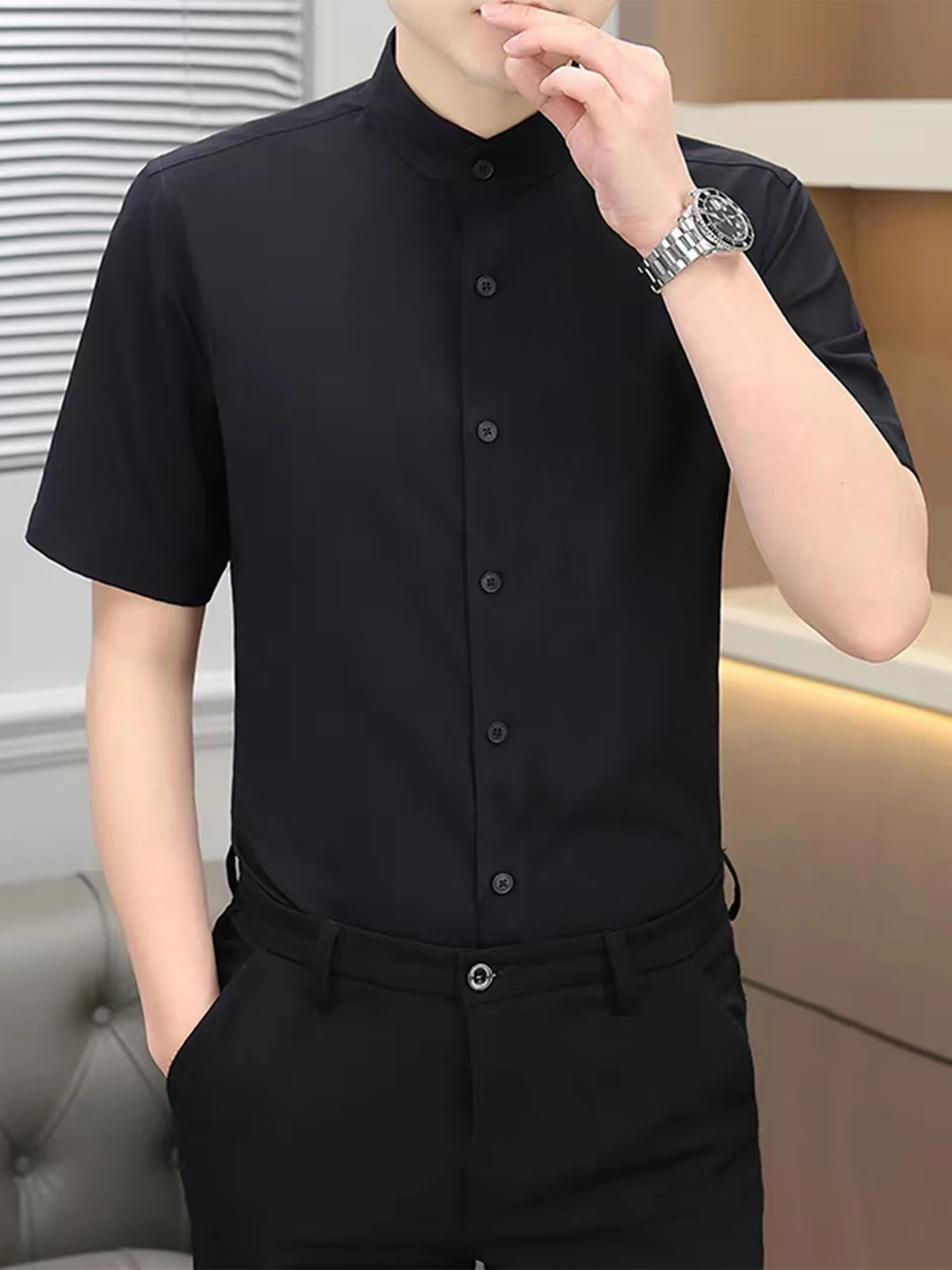 

Летняя модная новая легкая деловая повседневная мужская рубашка с воротником-стойкой и коротким рукавом