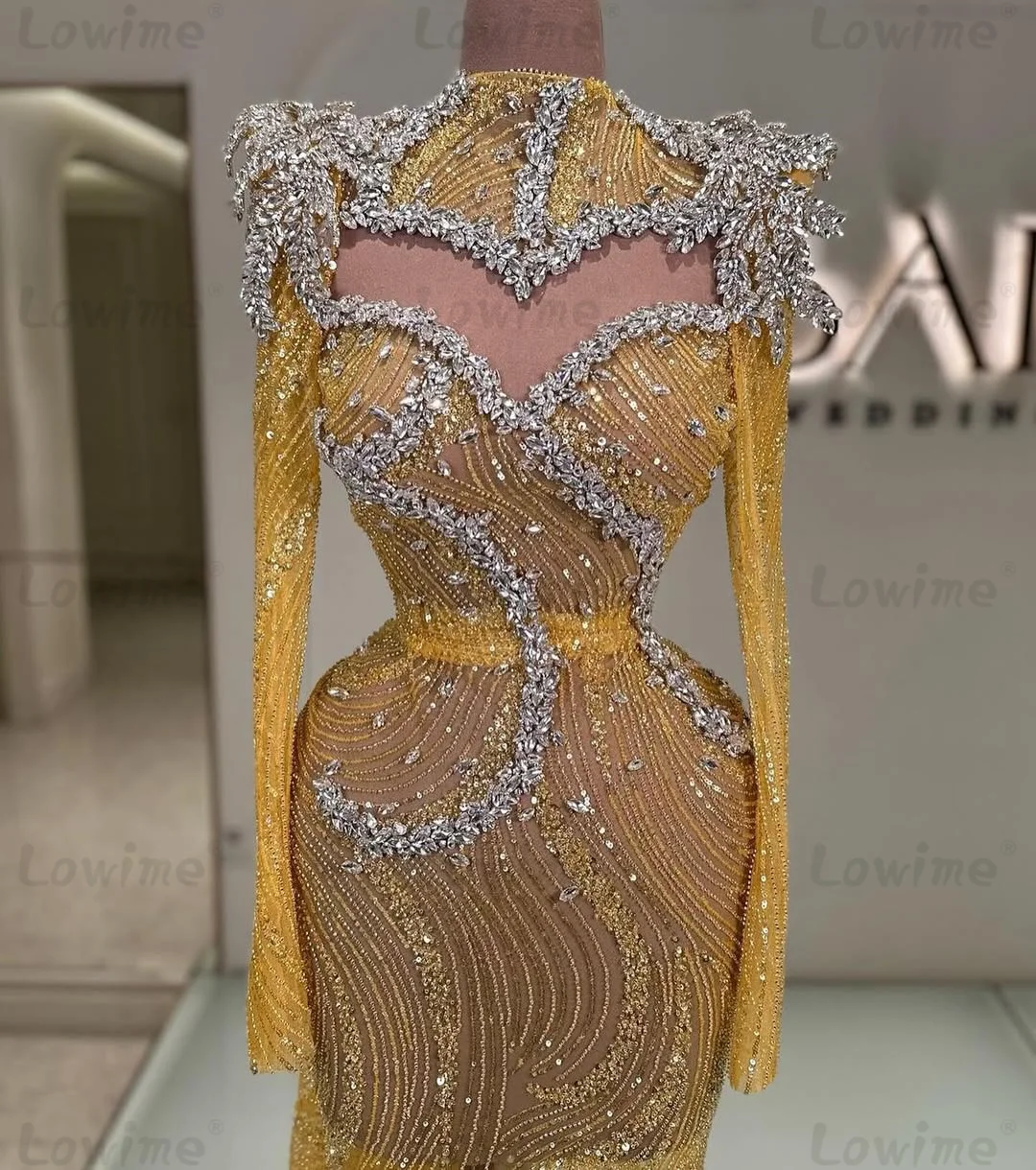 Glitzernde Pailletten, Kristalle, gelbes Abendkleid, lange Ärmel, Meerjungfrau-Abschlussballkleid 2025, individuelle Party-Promi-Kleider