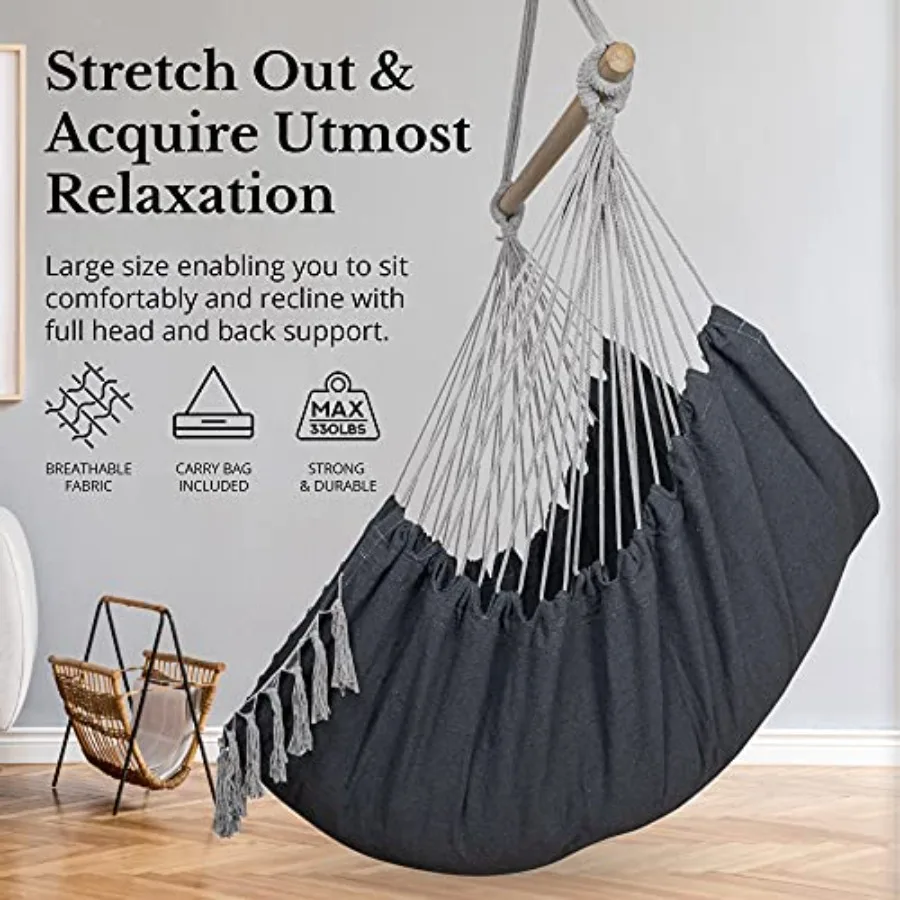 Hammock Chair - Grey - 60 x 47 - Hanging Rope Swing for Indoor Outdoor - Soft Durable Cotton Canvas - 2 Cushions Included - Lar