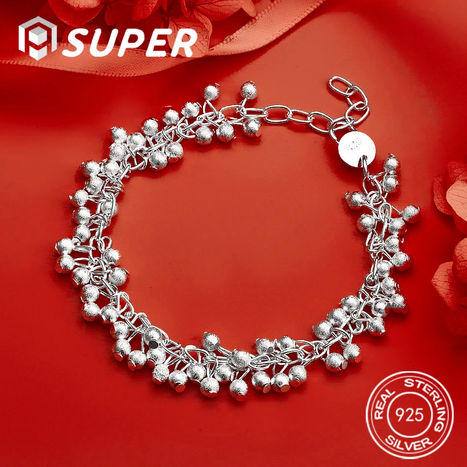 

ALISuper 925 Sterling Silver 8 Inch Fine Frosted Bead Bracelet Men Women Fashion Accessory Engagement Jewelry