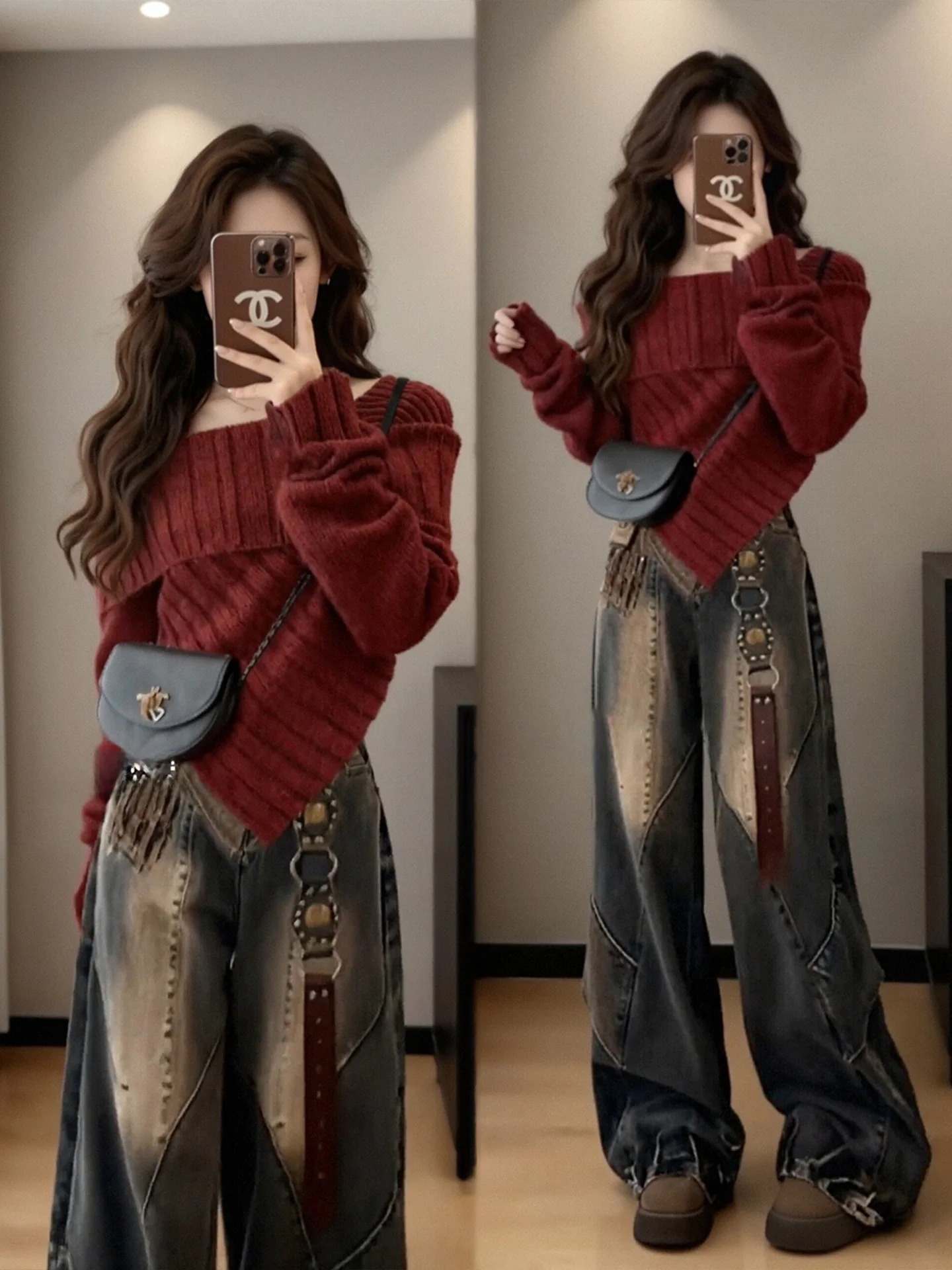 

plus Size Winter Knitwear And Wide Leg Jeans Women's Faion Set Vintage Sle Comfortable High Waist Trousers Two Piece Suit