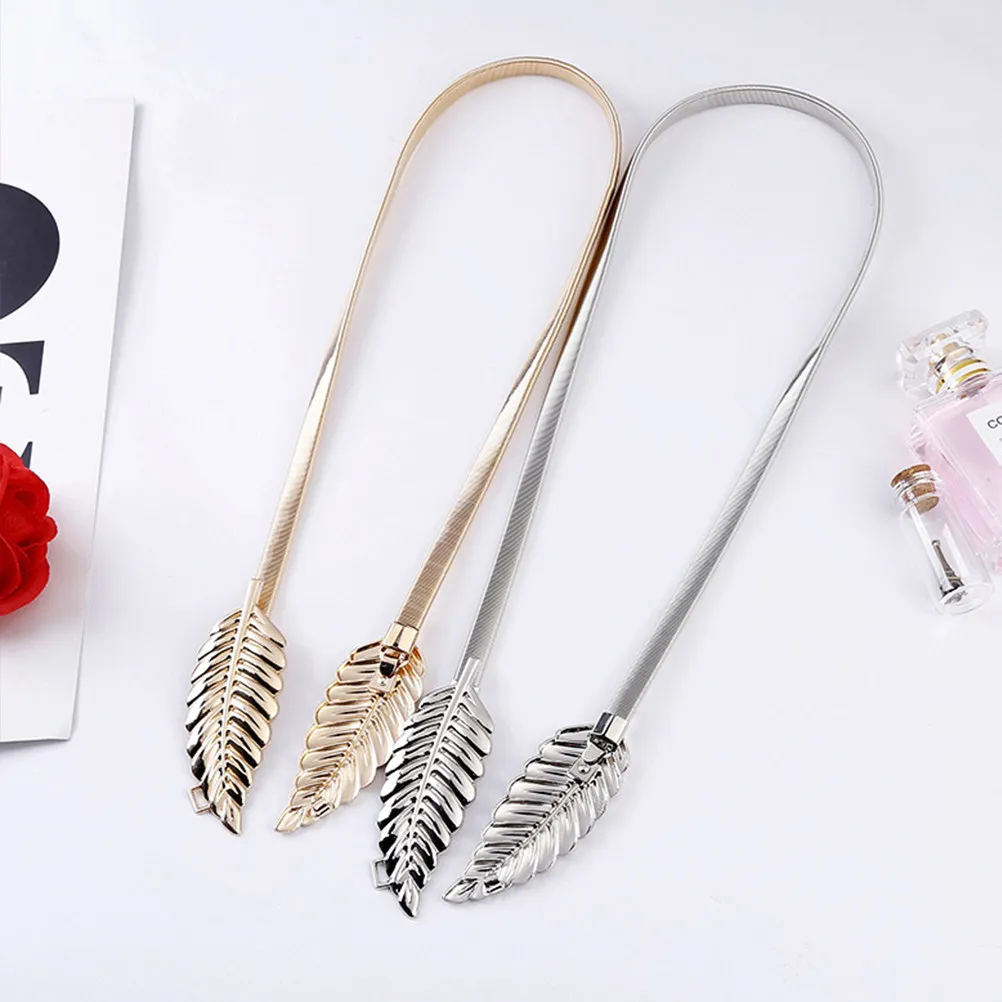 Metal Leaves Waist Belt Adjustable Stretch Elastic Skinny Leaf Shape Decorative Strap Silver for Wedding Dress Loose Blouse Coat view 3