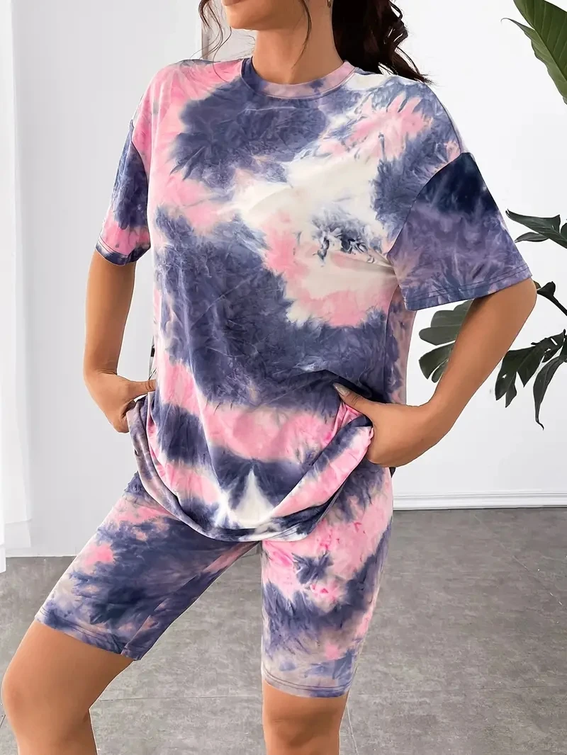 Roupa de impressão personalizada Tie Dye para mulheres, gola redonda, manga curta, estiramento, poliéster, casual, relaxado, plus size, 2 pcs