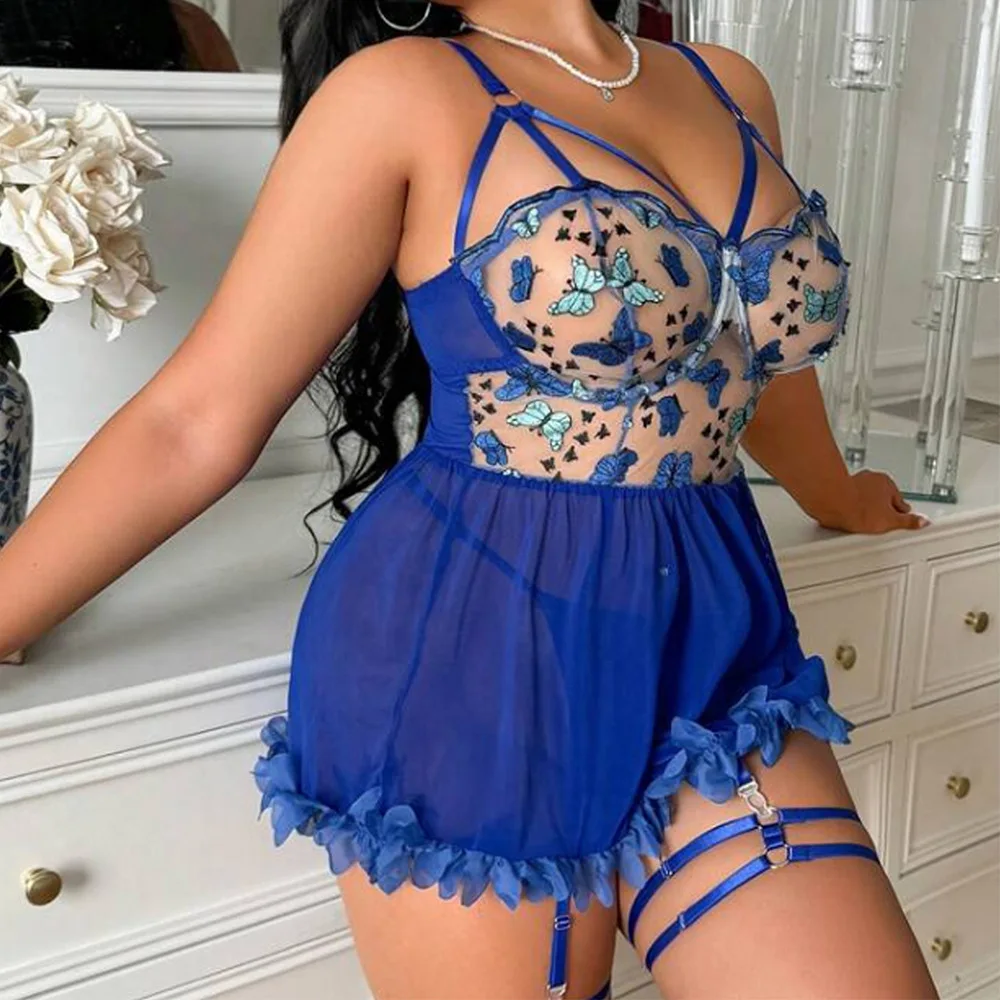 

Plus-Size Erotic Lingerie 2-Piece Set: Lace See-Through Passionate Bodysuit & Shorts