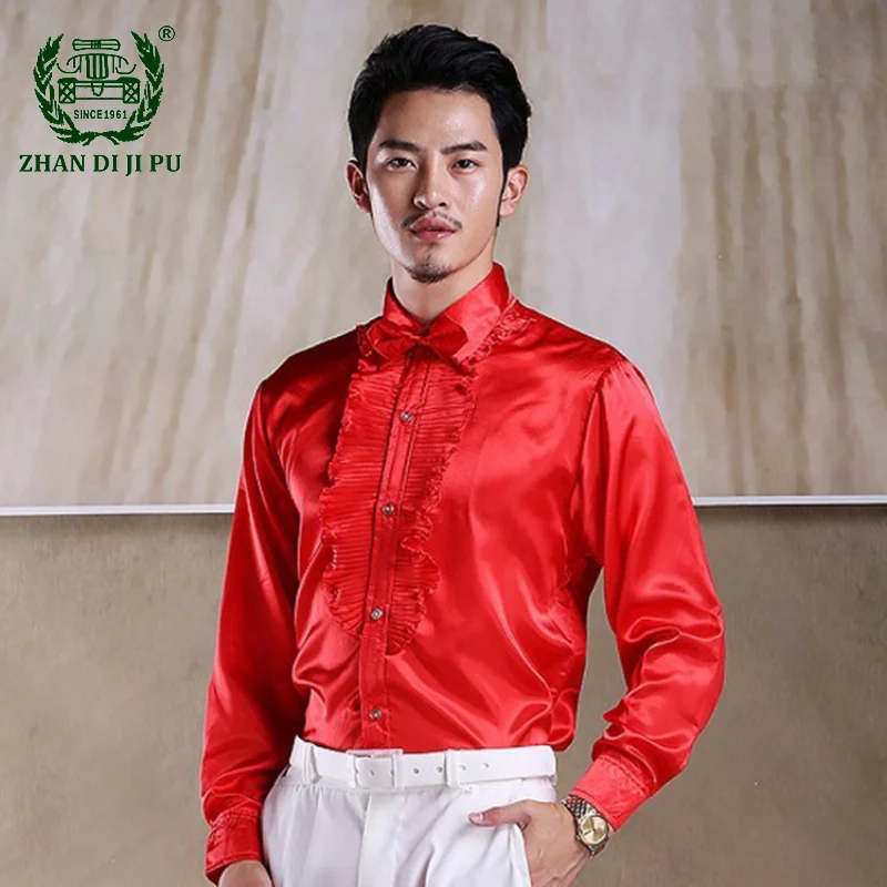 

Luxury Silk Ruffled Tuxedo Shirts for Men Long Sleeve Wedding Stage Men Shirt Dance Performance Party Nightclub Mens Clothing