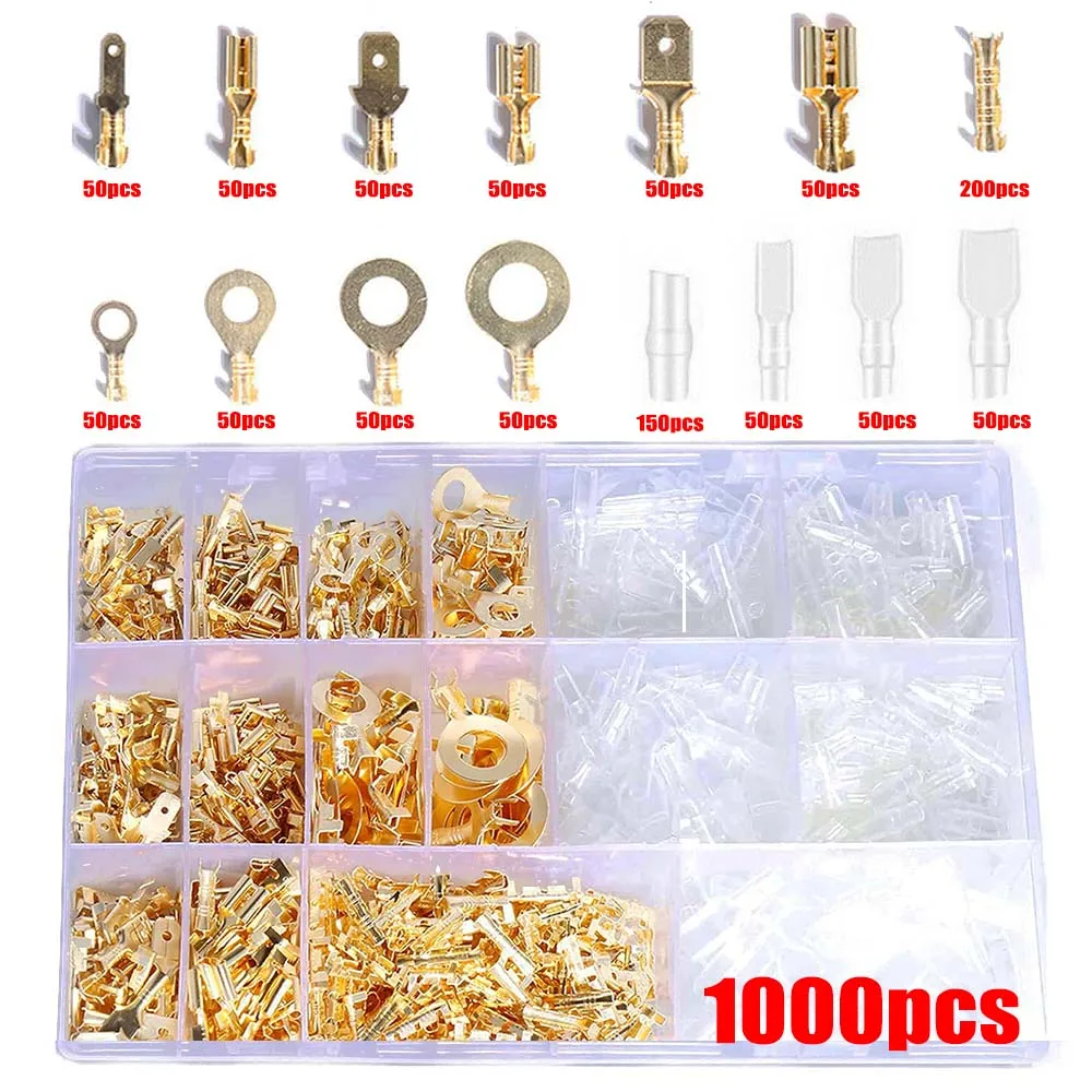 1000 Pcs 2.8/4.8/6.3 Mm Splice Crimp Terminals Male Female Wire Spade Connector Crimp Terminal Block With Insulating Sleeve Kit