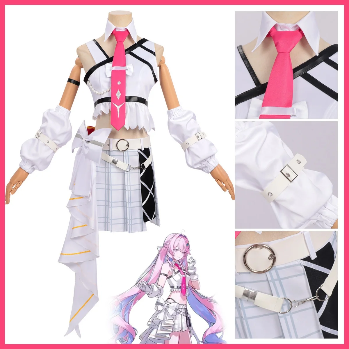 Game Wuthering Waves Denia Cosplay Costume Solar 5 Member White Off-shoulder Tops Grid Skirt Wig Woman Sexy Cute Halloween Set