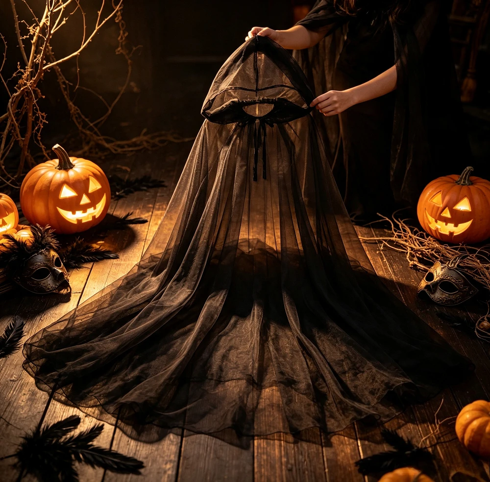 Halloween Long Sleeved Chiffon Hooded Gothic Cape Vampire Witch Cosplay Costume Makeup Party Fancy Dress Costume Accessories