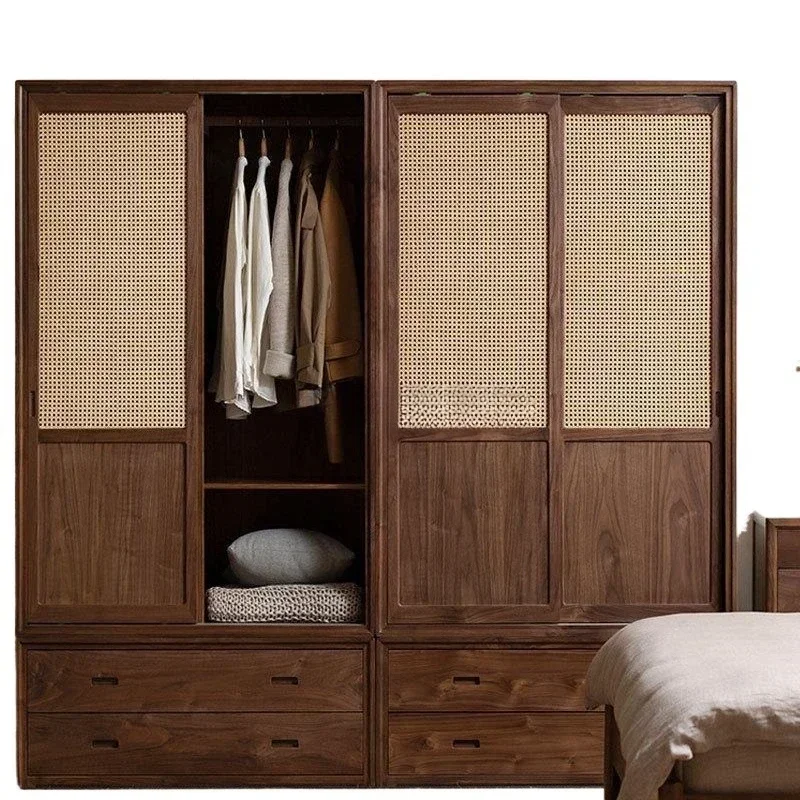 

New Chinese solid wood wardrobe black walnut rattan sliding door large wardrobe sliding door storage cabinet bedroom
