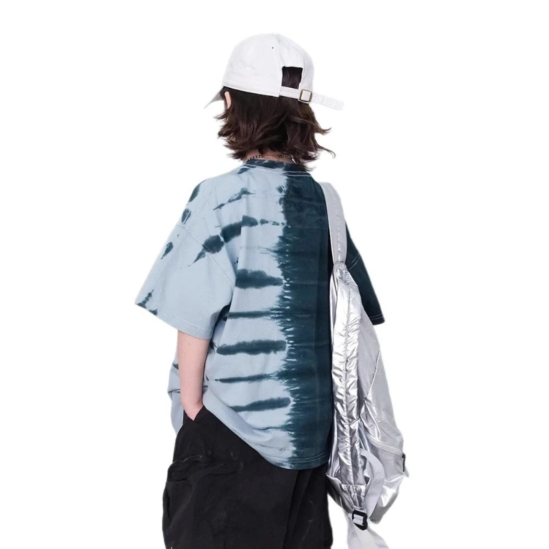 2025 New Children's Summer Gradient Blue Green Design Street Wind Cotton T-shirt Short Sleeve