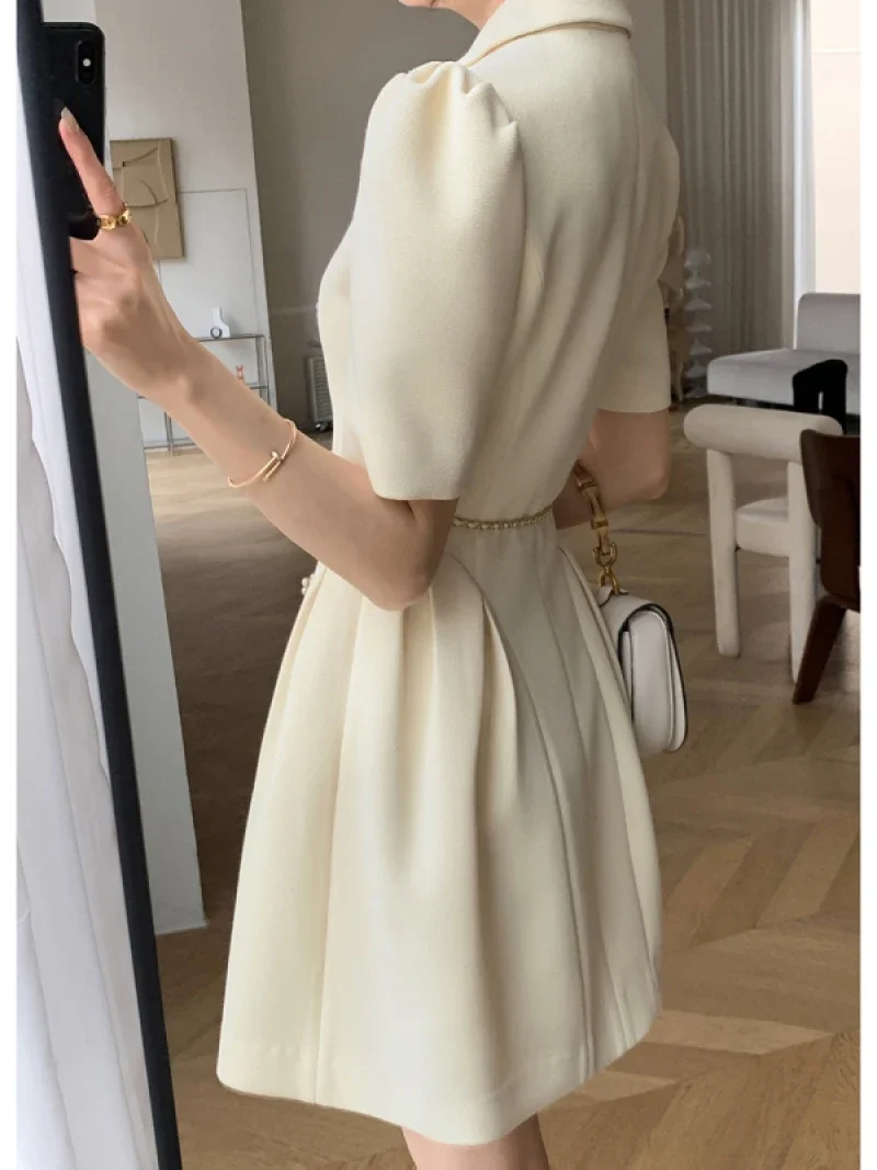 Elegant Notched Collar Suit Short Dresses for Women 2024 Summer New Short Sleeve Slim Waist Belted Single Breasted Female Dress