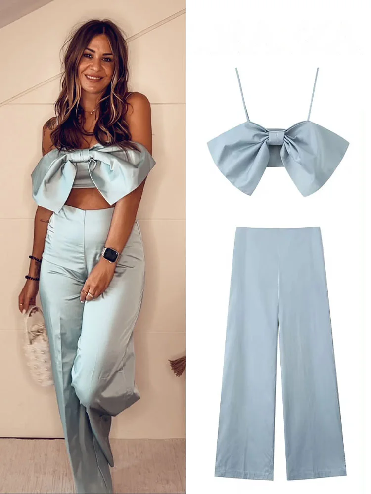 

HH Women Elegant Sexy Sleeveless Backless Bow Sling Short Top+Casual Slim Back Pocket Side Zip Wide Leg Pants 2 Piece Set