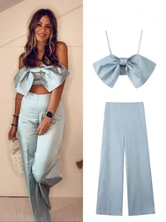 HH Women Elegant Sexy Sleeveless Backless Bow Sling Short Top+Casual Slim Back Pocket Side Zip Wide Leg Pants 2 Piece Set