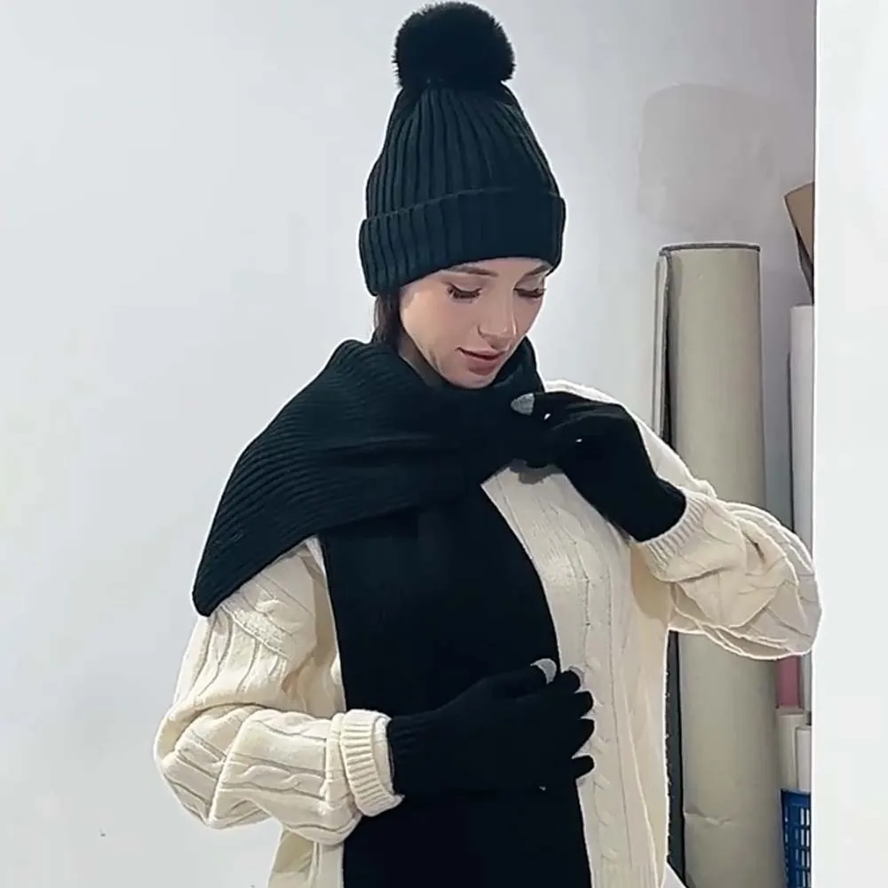 أزياء وشاح مرن وقبعة مجموعة شاشة تعمل باللمس دفئا القفازات الباردة والدليل على قفازات سميكة شريطية قبعة صوفية يوميا