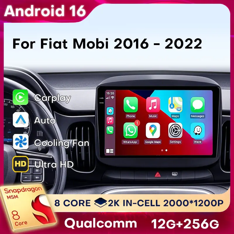 Radio para Auto Android 16 para Fiat Mobi 2016 2017 2018-2022, Reproductor Multimedia Inalámbrico Carplay, Navegación Estéreo, BT, Cámara 360
