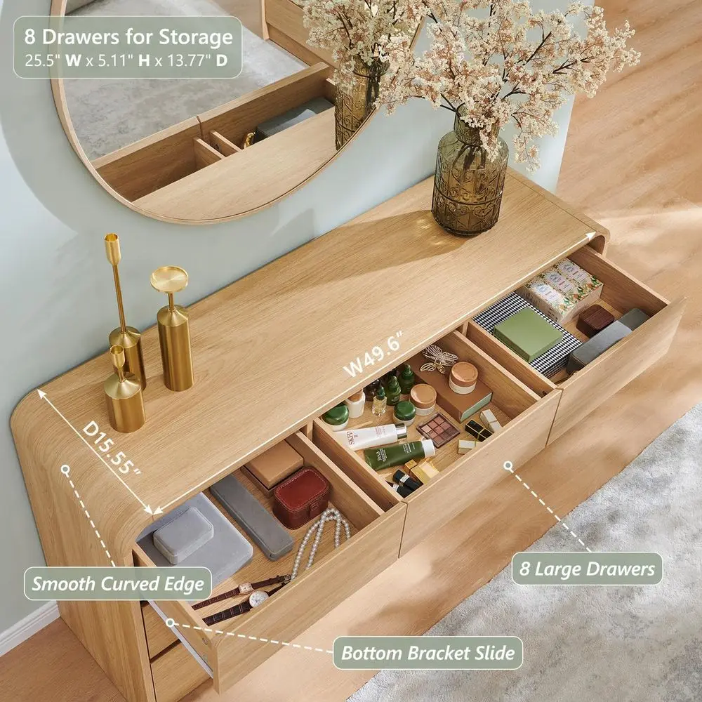 Cômoda elegante de 8 gavetas com 55 gavetas largas e baú, design de perfil curvo, organizador de armazenamento de madeira para quarto e sala de estar