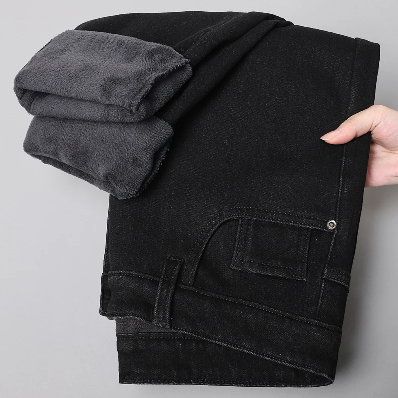 الرجال الشتاء تمتد الصوف الجينز سميكة الدافئة فضفاضة مستقيم المخملية سراويل جينز الأعمال الكلاسيكية عارضة السراويل العمل الأسود #6