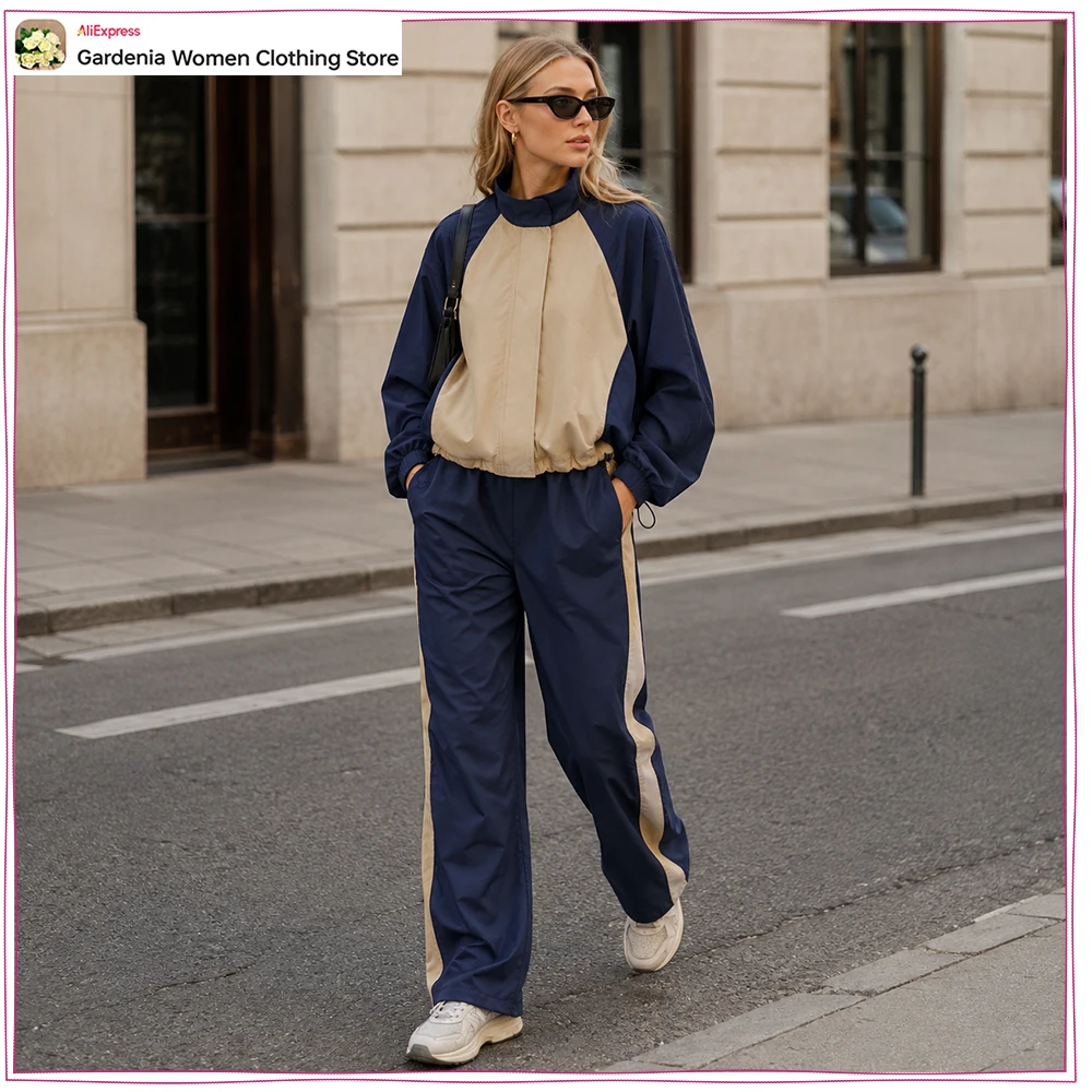 Fashion Sporty Pant Sets for Women Tracksuits with Adjustable Hem Stand-up Collar Zippered Jackets Matching Side Stripe Trousers