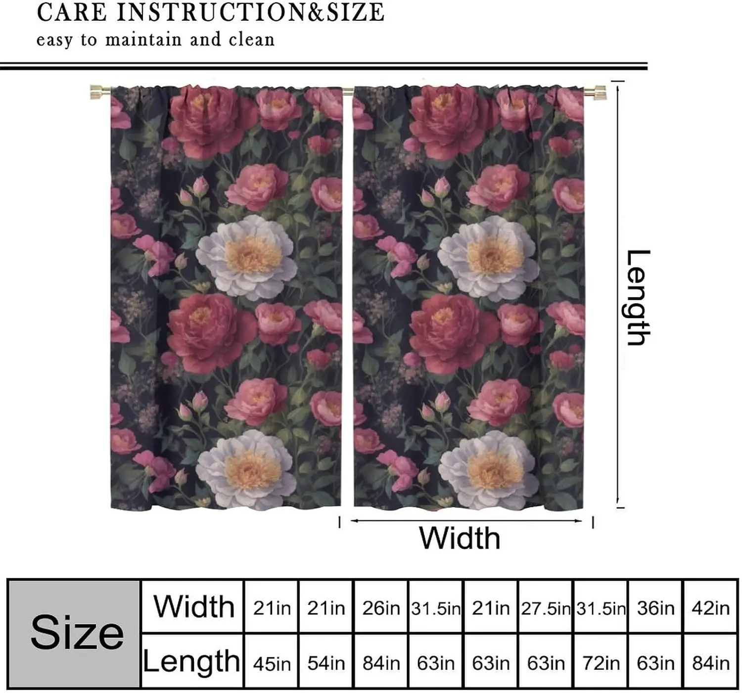 Elegant Floral Curtains Pair 2pcs Peony Rose Print Drapes Romantic Botanical Style Home Decor Window Curtain Panel