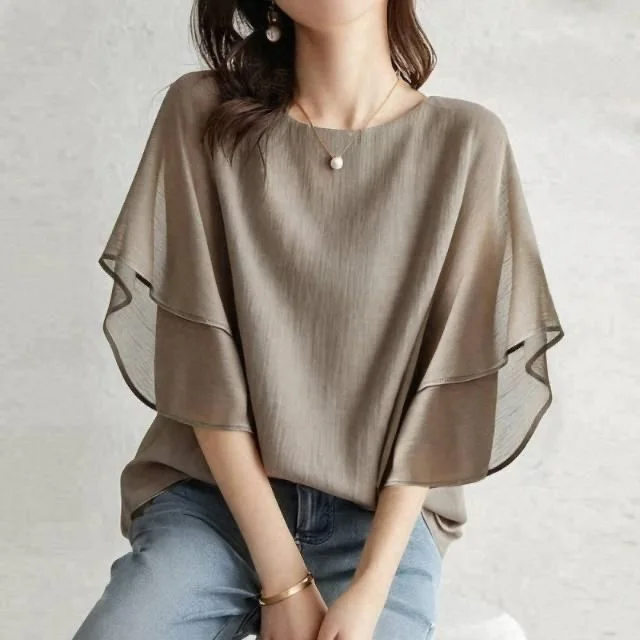 

Casual Loose Short Sleeve round Neck Batwing Shirt Women's Top Fly Sleeve Chiffon Blouse OL Style Commute Fashion Spring Wear