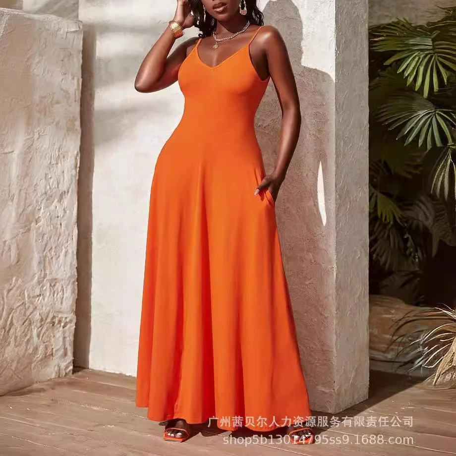 

Women Solid Color Long Maxi Loose Dress Sleeveless V Neck Sexy Summer Dress Pockets