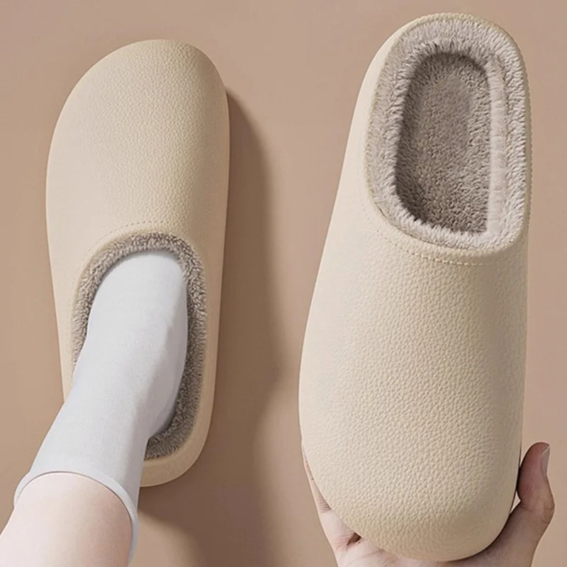 Slip‑On Slippers for Women Waterproof Soft Plush Lining Thick Anti‑Slip Indoor Floor Shoes Men Home Slide Slippers