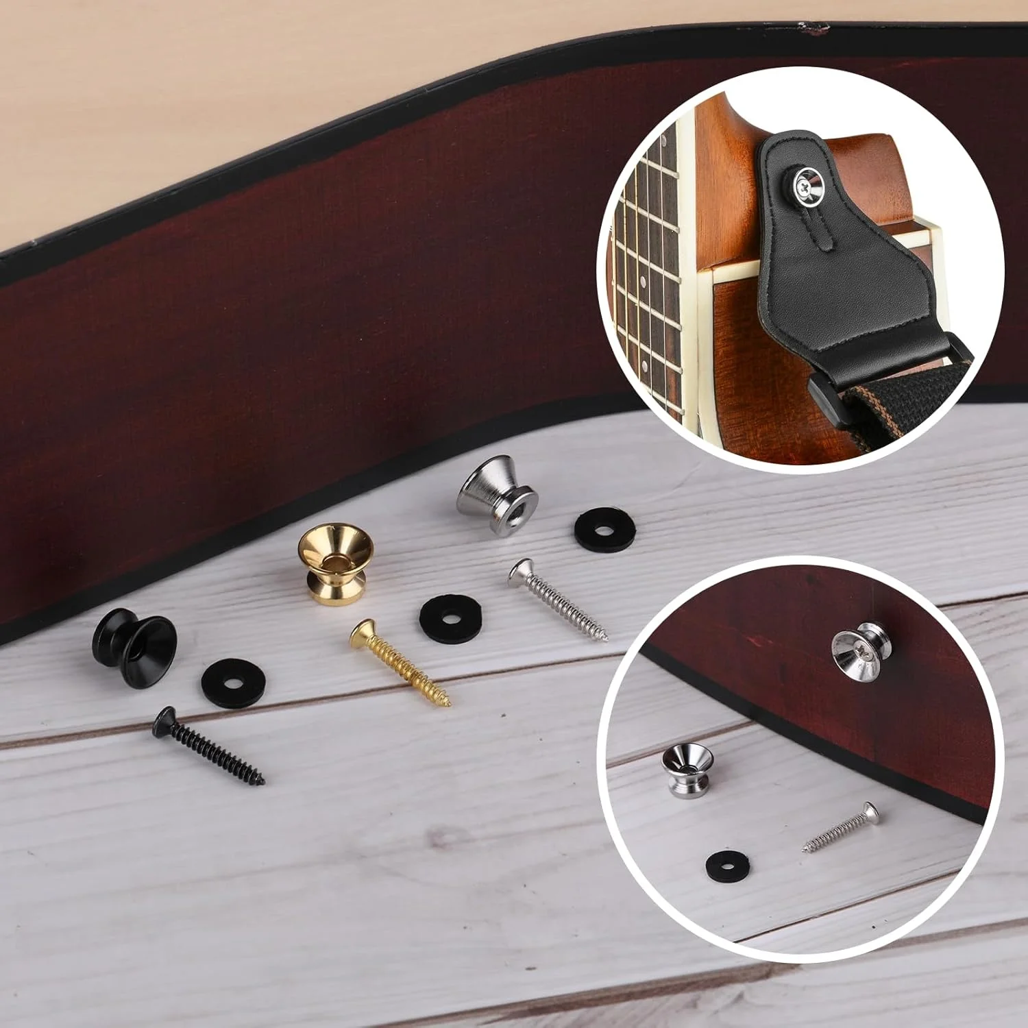2 Sätze Gitarrengurtstifte – schwarz/gold/silber, ausgestattet mit rutschfesten Unterlegscheiben für besseren Gitarrenschutz. Nicht nur ein Connec – Detail 9