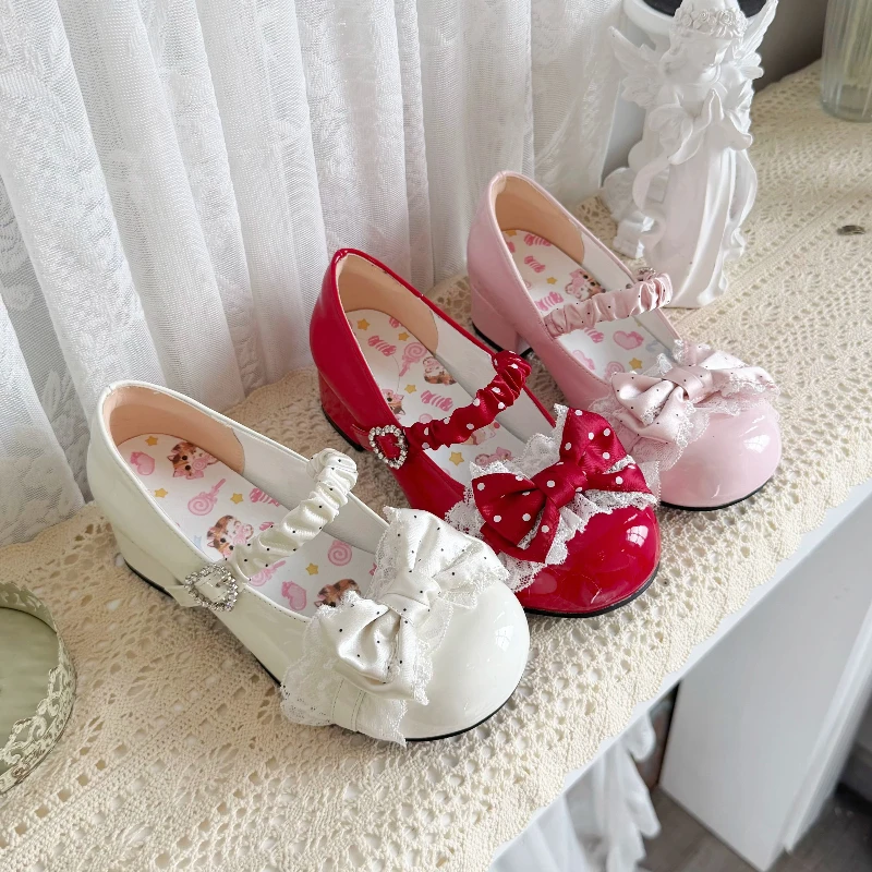 Japanese Original Sweet and Cute Polka Dot Bow Lolita Single Shoes Glossy Pu Versatile Lo Shoes Round Head Mary Jane Shoes Women