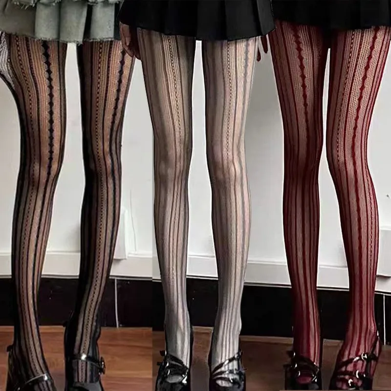 ผู้หญิงลูกไม้ Fishnet Pantyhose Lolita Hollowed Out Tights JK ญี่ปุ่นเซ็กซี่เรขาคณิตลายสุภาพสตรี Vintage Rhombus ลายแน่น