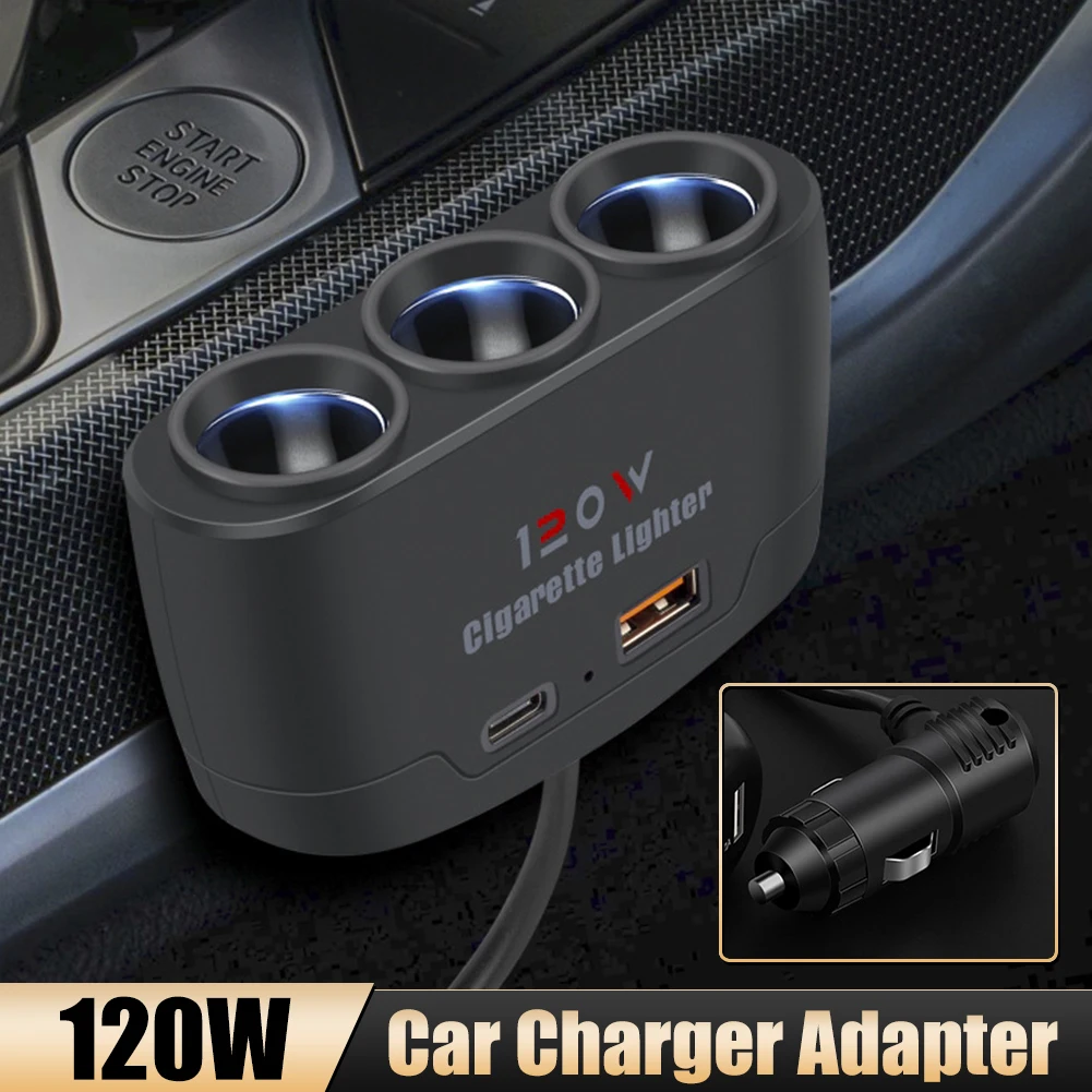 

120W Car Charger Adapter 12V 24V 3 Socket Cigarette Lighter Splitter Dual USB LED Car Fast Charger For IPhone IPad GPS Dashcam