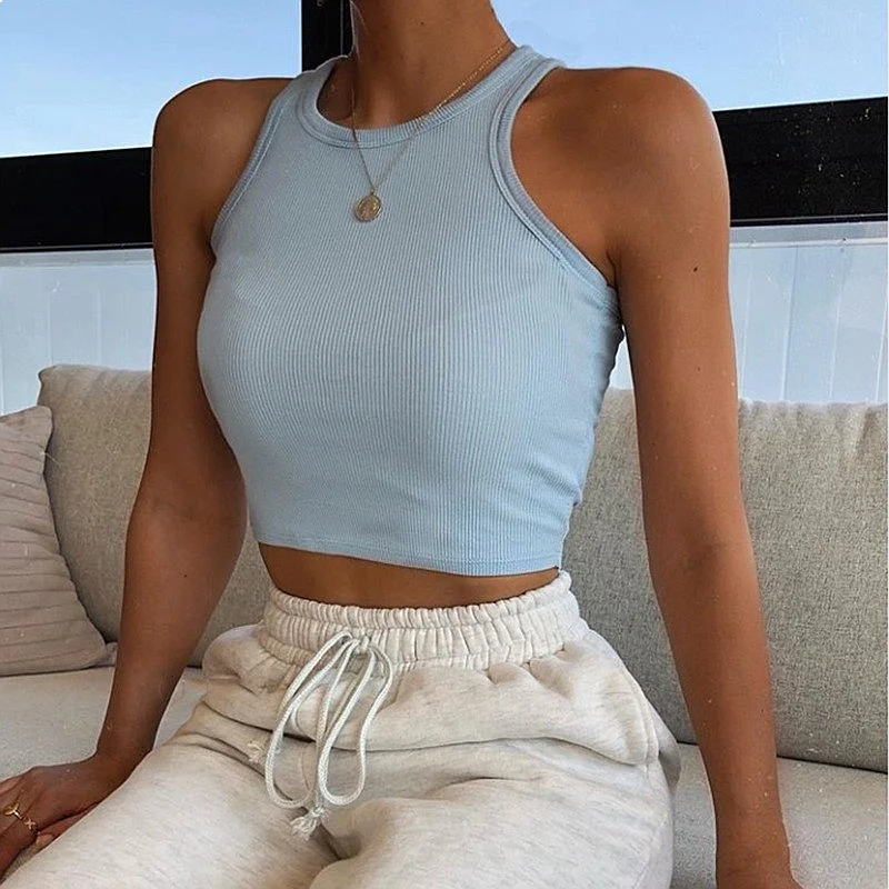 Spring Summer Short Sleeveless Tee Tops Solid Color Ribbed Vest Undershirt Women's Casual Inner Wear