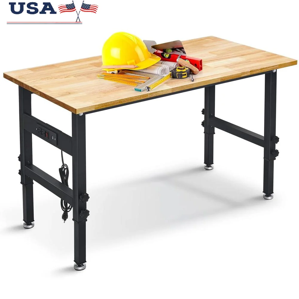 Banco de trabajo ajustable, tomas de corriente de escritorio, mesa resistente de madera maciza, carga de 2000 LBS