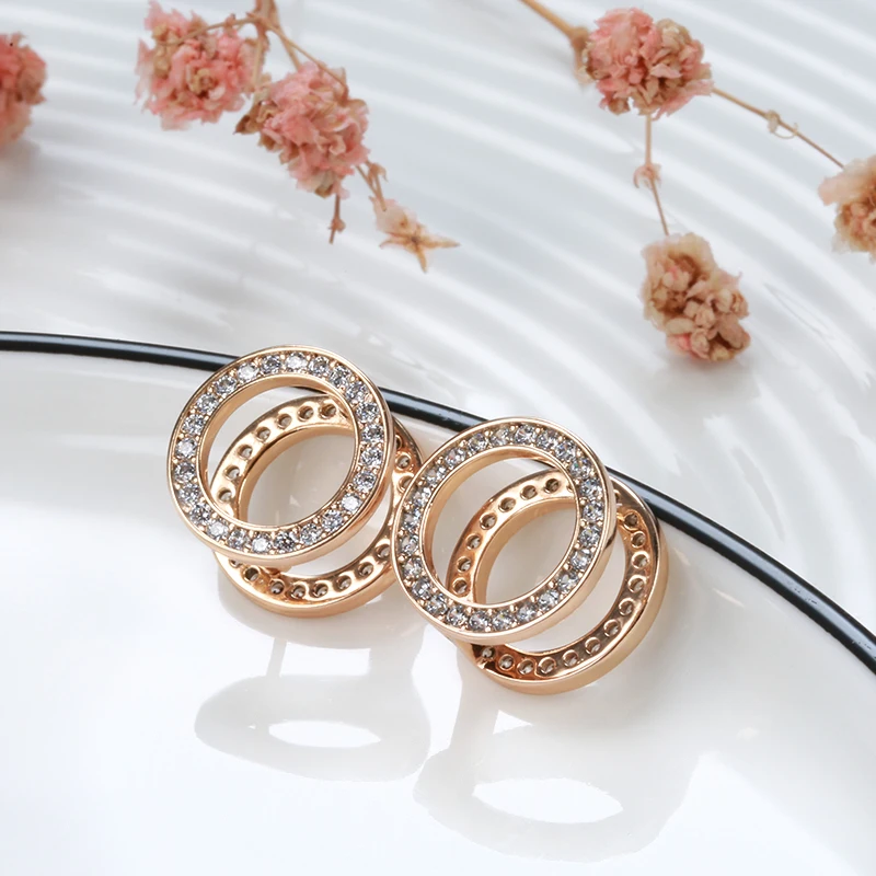 Luxury Double Circle Clip Earrings With Full White Zircon Fashion Drop Earrings For Women Wedding Party Statement Jewelry