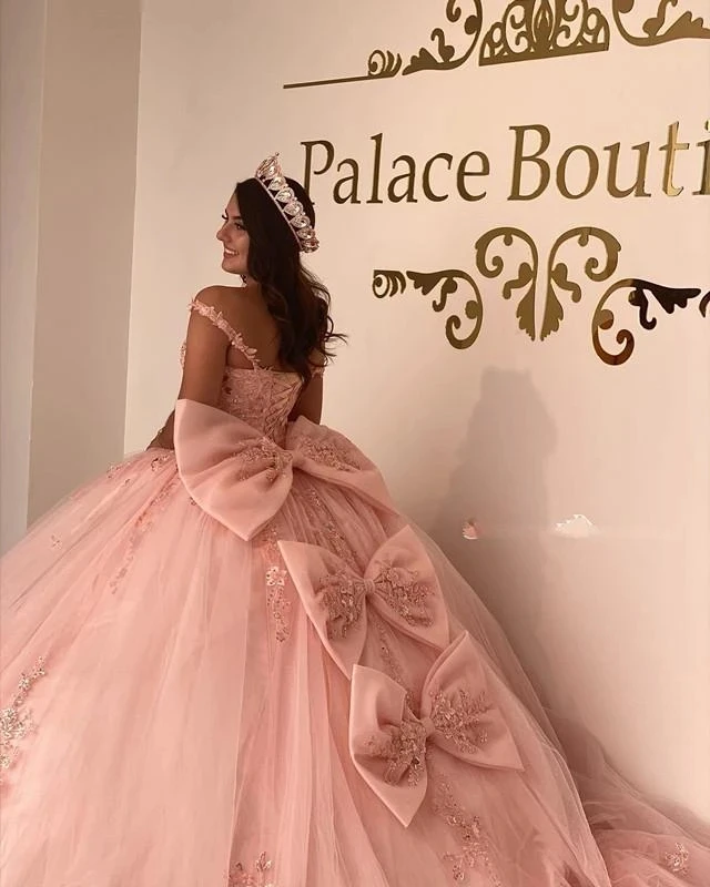 Gaun Quinceanera pita bahu terbuka merah muda seksi warna-warni gaun manik-manik berenda Vestidos De 15 Anos korset pesta Formal Prom