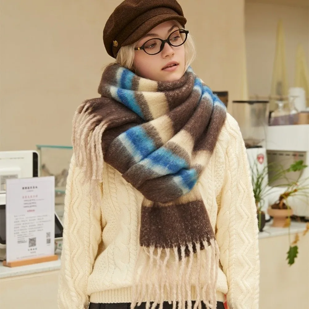 Simple Mohair Stripe Wool Scarf Plush Thicken Winter Cashmere Scarves Warm Tassel Long Shawl Autumn Winter