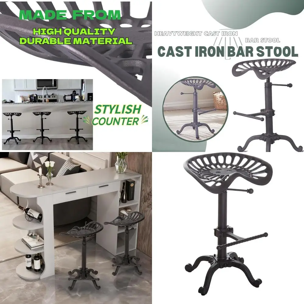 

Adjustable Industrial-Style Cast Iron Swivel Bar Stool with Tractor Seat, Rustic Finish