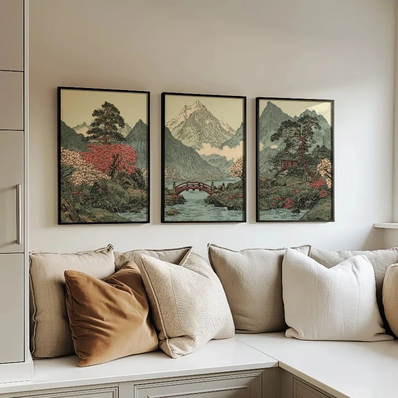Lot de 3 tableaux muraux vintage japonais, impressions sur toile Ukiyo-e Pin, Fleur de cerisier, Pont rouge, Temple, Décoration intérieure Japandi Wabi Sabi