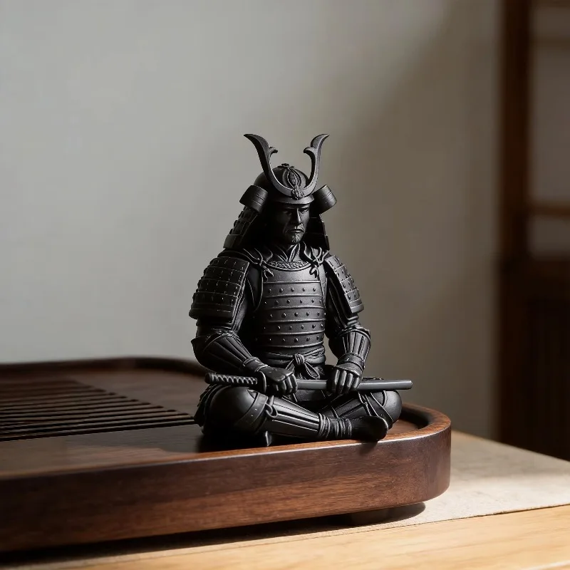 3D Printed Black Samurai Statue High Detail Japanese Sitting Figurine Tea Tray Desktop Ornament for Home Office Zen Decor Gift