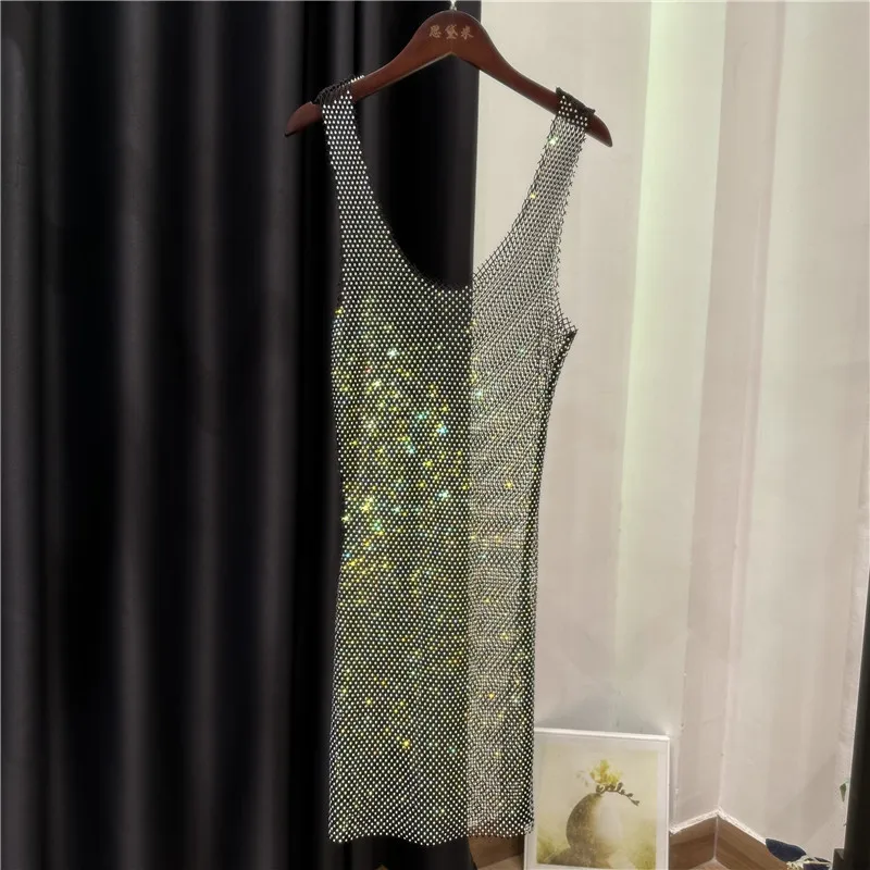 Women Rhinestones Mimi Dress Colorfull Crystal Sling Lady Elegant Party Birthday Slim O-Neck Bodycon Evening Dress Sidaimi 5004