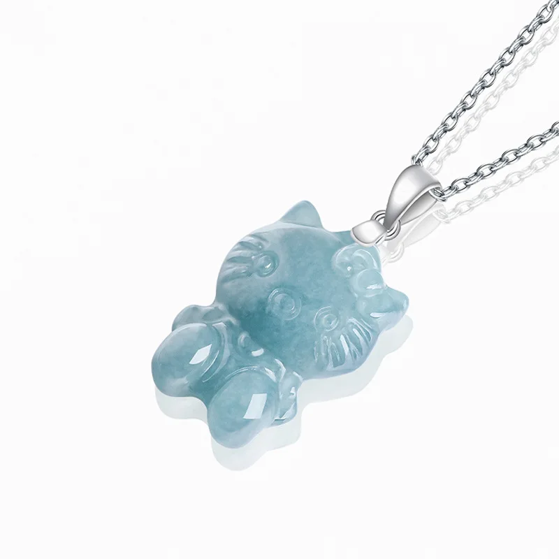 Jiale/ Hand-carved/925 Silver Inlaid Natural Blue Water Cartoon Cat Jade Necklace Pendant  Personalized Jewelry Men Women Gifts