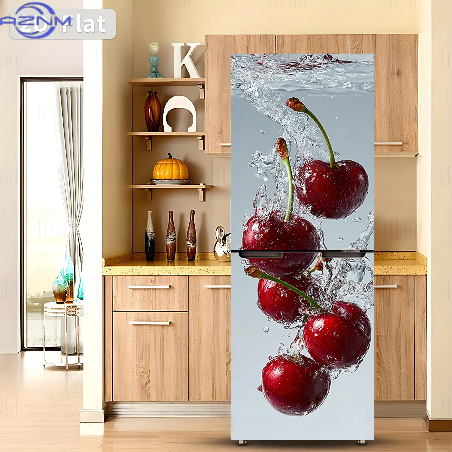 of Refrigerator Sticker, 60×180 Cm, Featuring a Design of Cherries Splashing Into Water, Self-Adhesive Wall Decoration Suitabl