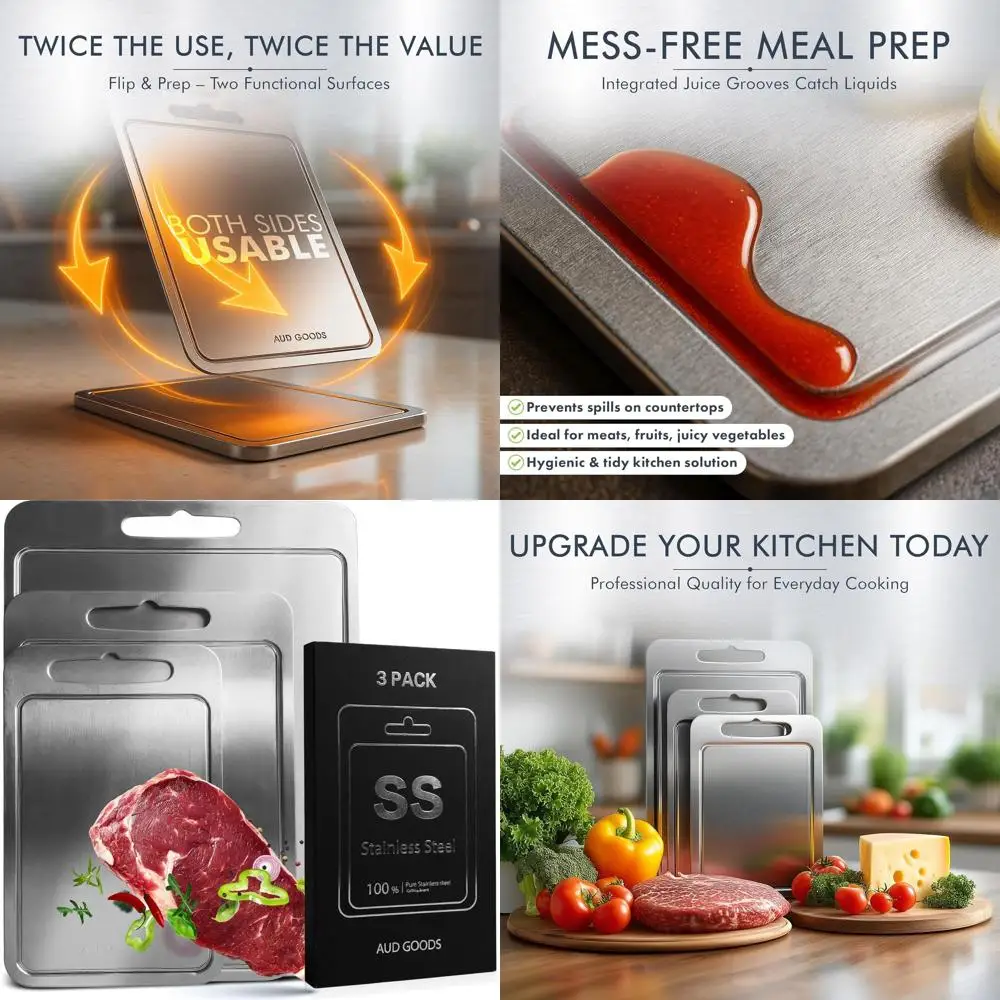 

Triple Set of Stainless Steel Cutting Boards with Juice Grooves, Double-Sided for Home and Pro Kitchens
